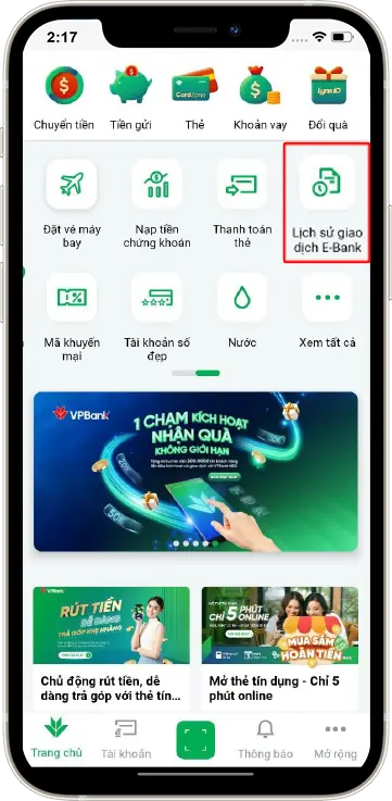 Bước 1 : Tại giao diện chính » Chọn mục lịch sử giao dịch E-bank